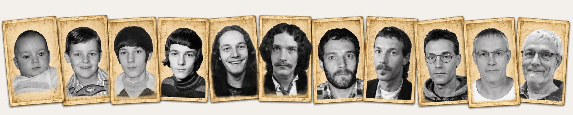 Zwölf gerahmte Passfotos von Joe aus verschiedenen Lebensjahren